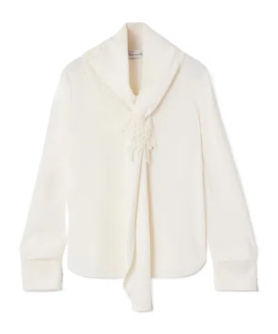 Oscar De La Renta Tie-detailed Lace-trimmed Silk-blend Georgette Blouse In White