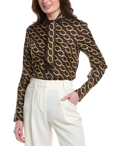 Oscar De La Renta Tie-neck Chain Print Silk Blouse In Brown