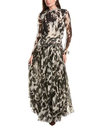 Oscar De La Renta Tie-neck Cow Print Silk Maxi Dress In Neutral