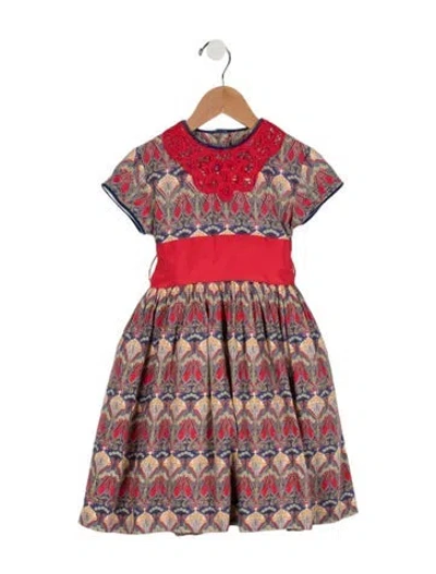 Pre-owned Oscar De La Renta Babies' Toddler Girls' Pleated Crochet Trim Dress In Red