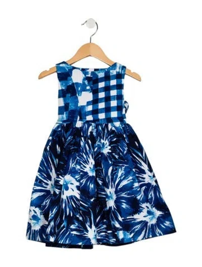 Pre-owned Oscar De La Renta Babies' Toddler Girls Pleated Pattern Printed Dress In Blue
