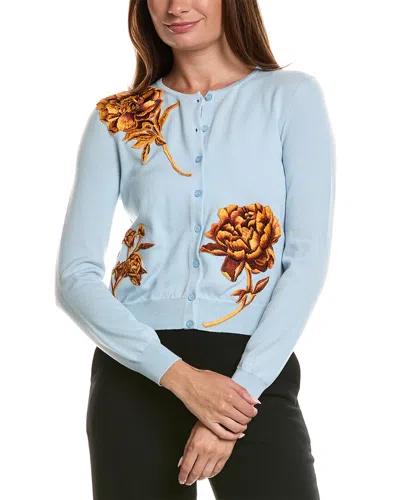 Oscar De La Renta Tonal Peony Embroidered Wool Cardigan In Blue