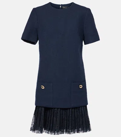 Oscar De La Renta Tweed And Lace Minidress In Navy