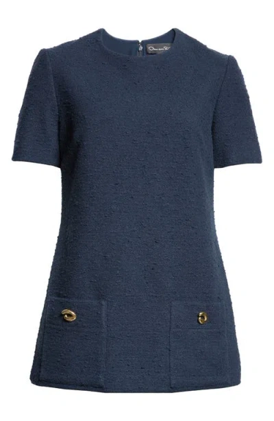 Oscar De La Renta Tweed & Pleated Lace Minidress In Navy