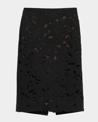 Oscar De La Renta Tweed Embroidered Cutout Midi Suiting Skirt In Black