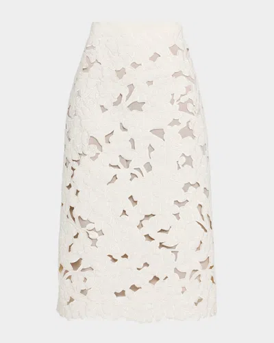 Oscar De La Renta Tweed Embroidered Cutout Midi Suiting Skirt In Neutral