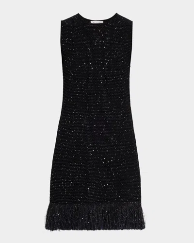 Oscar De La Renta Tweed Textured Sleeveless Fringed Mini Dress In Black