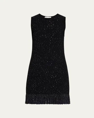 Oscar De La Renta Tweed Textured Sleeveless Fringed Mini Dress In Black