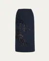 Oscar De La Renta Orchid Embroidered Tweed Skirt In Navy