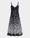 Oscar De La Renta V-neck Rose Denim Devore Sleeveless Midi Dress In Indigo