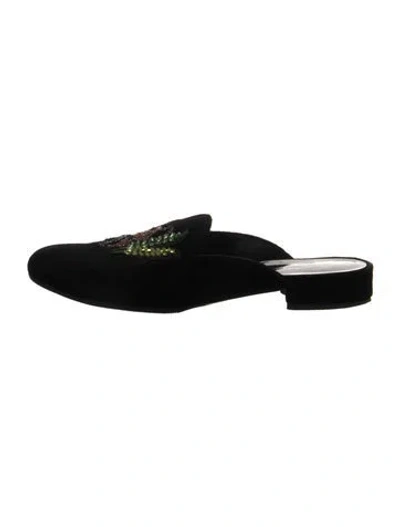 Pre-owned Oscar De La Renta Velvet Embroidered Accent Mules In Black
