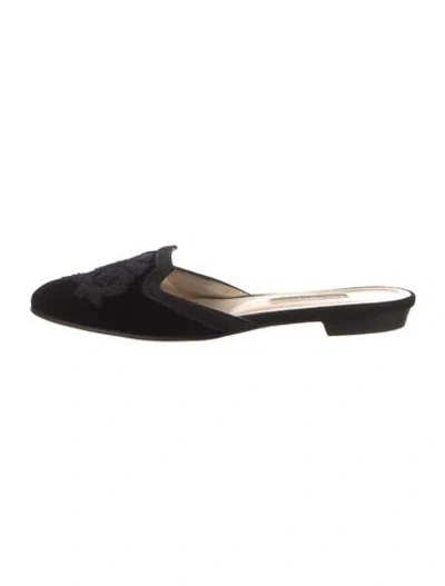 Pre-owned Oscar De La Renta Velvet Embroidered Accent Mules In Black