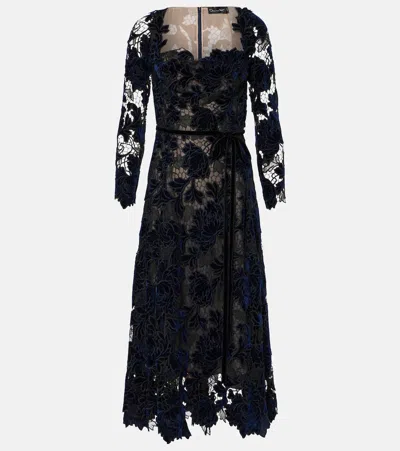 Oscar De La Renta Peony Velvet Guipure Midi Dress In Navy