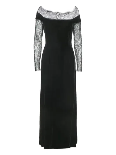 Pre-owned Oscar De La Renta Velvet-lace Maxi Dress In Black