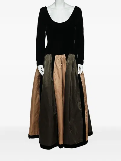 Pre-owned Oscar De La Renta Velvet Silk Panel Dress In Black