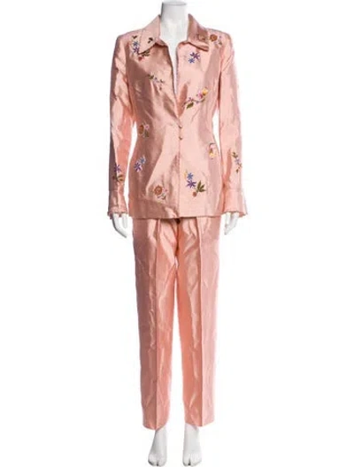 Pre-owned Oscar De La Renta Vintage Floral Print Pantsuit In Pink