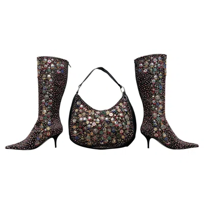 Pre-owned Oscar De La Renta Vintage New  Coin Embellished Boots + Matching Bag It. 37 Us 7 In Black