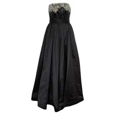 Pre-owned Oscar De La Renta Vintage  Black Silk & Swarovski Maxi Evening Dress Gown Size 8
