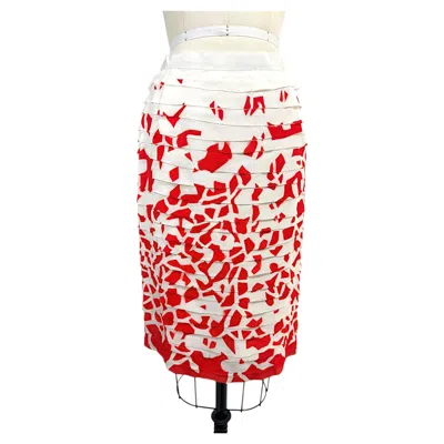 Pre-owned Oscar De La Renta Vintage  Ivory And Red Layered Silk Pencil Skirt In White