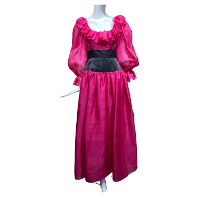 Pre-owned Oscar De La Renta Vintage  Magenta Pink Silk Gown With Ruffle Collar In Red