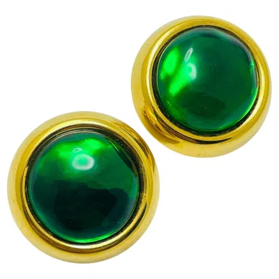 Pre-owned Oscar De La Renta Vintage  Signed Gold Tone Green Glass Designer Clip On Earrings