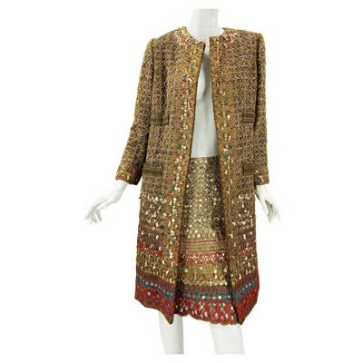 Pre-owned Oscar De La Renta Vintage  S/s 2010 Runway Embellished Coat + Matching Skirt Us 6 In Brown
