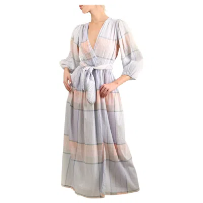 Pre-owned Oscar De La Renta Vintage Puff Sleeve Prairie Plisse Wrap Belted Maxi Dress Robe In Gray