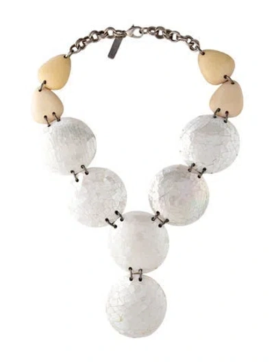 Pre-owned Oscar De La Renta Vintage Wood & Mother Of Pearl Lavalier Necklace, 24" In Brown/white