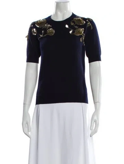 Pre-owned Oscar De La Renta Virgin Wool Crew Neck Sweater In Blue