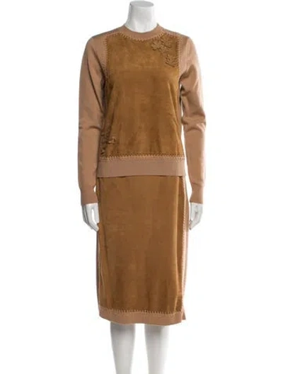Pre-owned Oscar De La Renta Virgin Wool Crochet Trim Skirt Set In Neutral