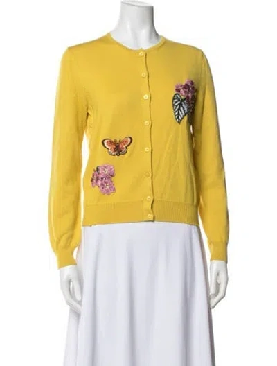Pre-owned Oscar De La Renta Virgin Wool Floral Print Jacket In Yellow