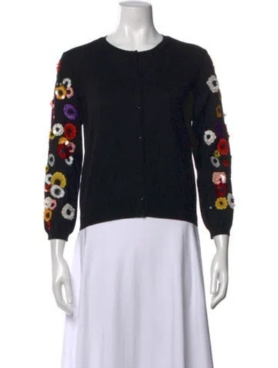 Pre-owned Oscar De La Renta Virgin Wool Floral Print Sweater In Black