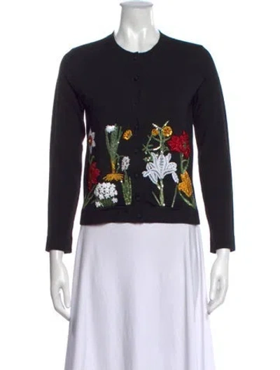 Pre-owned Oscar De La Renta Virgin Wool Floral Print Sweater In Black