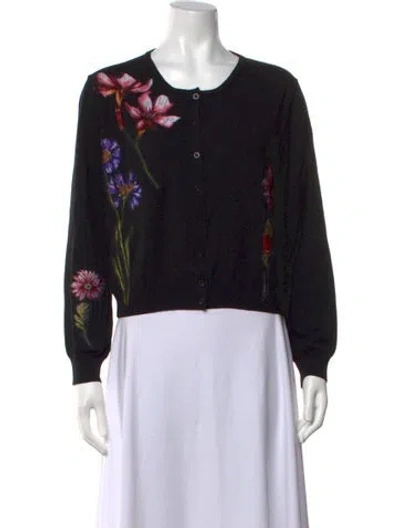 Pre-owned Oscar De La Renta Virgin Wool Floral Print Sweater In Black