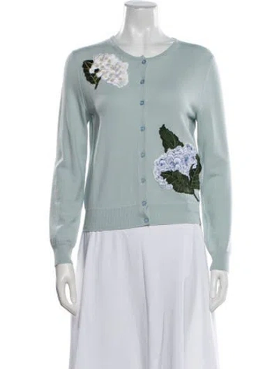 Pre-owned Oscar De La Renta Virgin Wool Floral Print Sweater In Blue