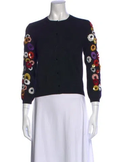 Pre-owned Oscar De La Renta Virgin Wool Floral Print Sweater In Blue