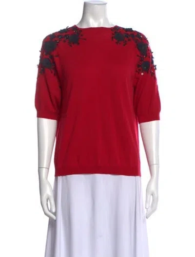Pre-owned Oscar De La Renta Virgin Wool Floral Print Sweater In Red