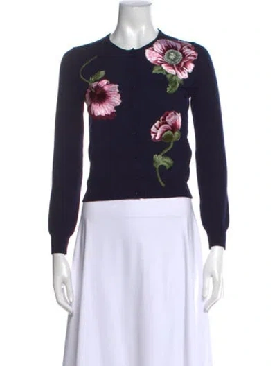 Pre-owned Oscar De La Renta Virgin Wool Floral Print Sweater W/ Tags In Black