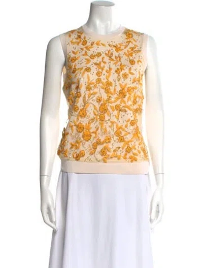 Pre-owned Oscar De La Renta Virgin Wool Floral Print Sweater W/ Tags In Neutral