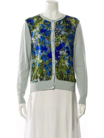 Pre-owned Oscar De La Renta Virgin Wool Floral Print Sweater In White