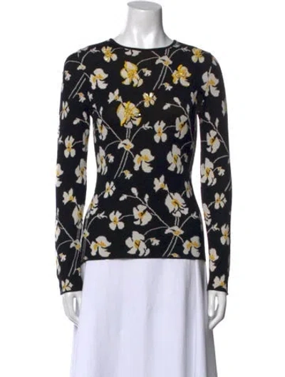 Pre-owned Oscar De La Renta Virgin Wool Floral Print Top In Black