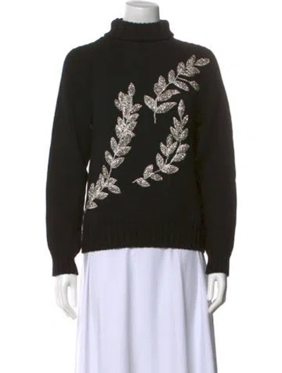 Pre-owned Oscar De La Renta Virgin Wool Graphic Print Sweater W/ Tags In Black