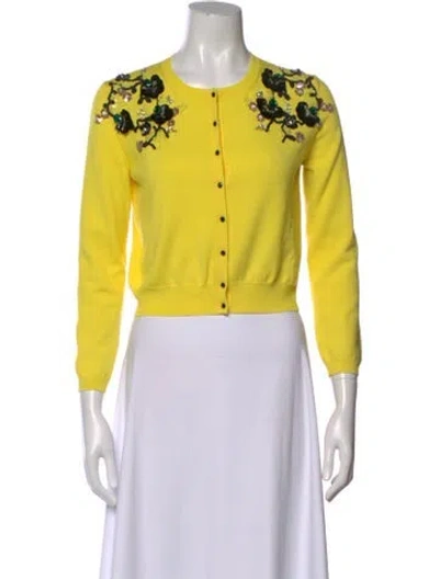 Pre-owned Oscar De La Renta Virgin Wool Graphic Print Sweater In Yellow