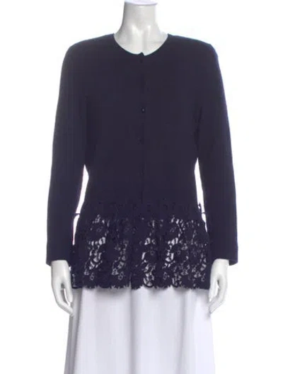 Pre-owned Oscar De La Renta Virgin Wool Lace Pattern Blouse In Blue