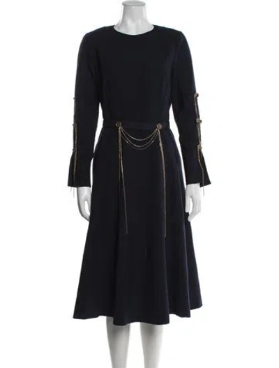 Pre-owned Oscar De La Renta Virgin Wool Midi Length Dress In Blue