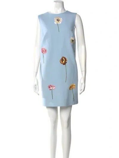 Pre-owned Oscar De La Renta Virgin Wool Mini Dress In Blue