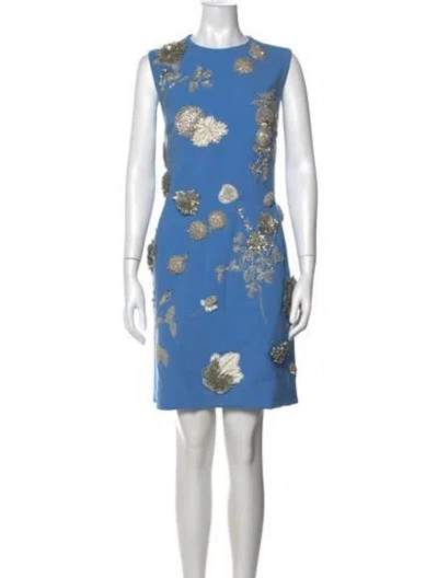 Pre-owned Oscar De La Renta Virgin Wool Mini Dress In Blue