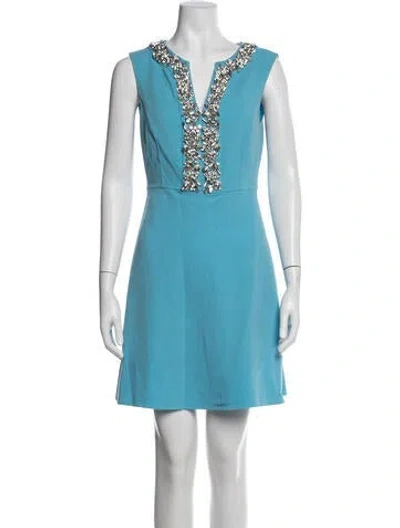 Pre-owned Oscar De La Renta Virgin Wool Mini Dress In Blue
