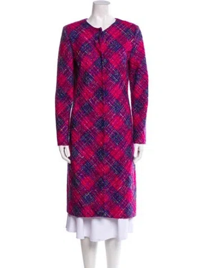 Pre-owned Oscar De La Renta Virgin Wool Plaid Print Coat In Multi