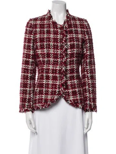 Pre-owned Oscar De La Renta Virgin Wool Plaid Print Jacket In Red